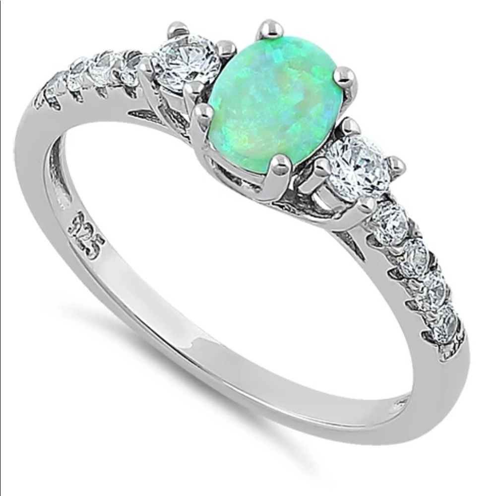 NEW 925 Sterling Silver Enchanted Oval Green Lab Opal CZ Ring